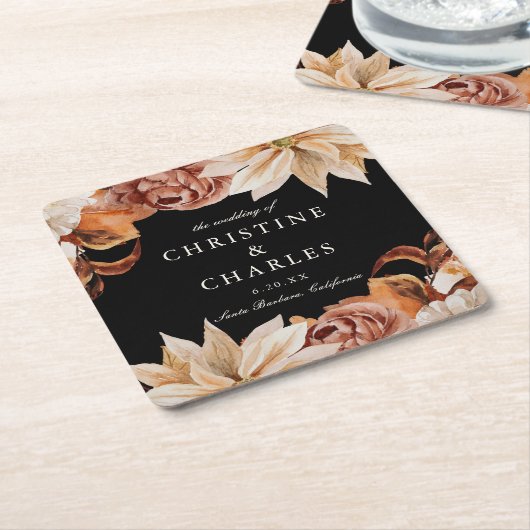 Elegant Autumn Waterverf Wedding Black Kartonnen Onderzetters (Schuin)