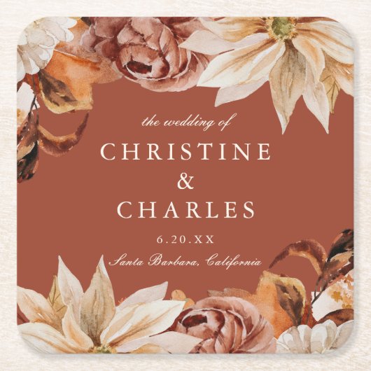 Elegant Autumn Waterverf Wedding Square Paper Ca Kartonnen Onderzetters (Voorkant)