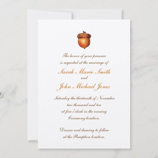 Elegant Autumnal Acorn Invitation Kaart (Voorkant)