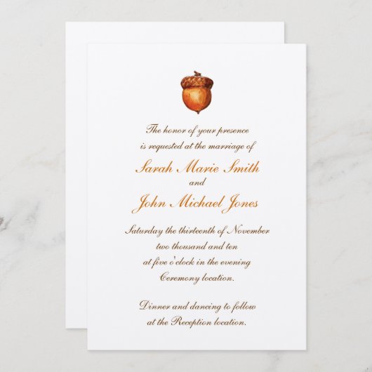 Elegant Autumnal Acorn Invitation Kaart (Voorkant / Achterkant)