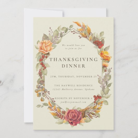 Elegant Autumnal Floral Border Thanksgiving Dinner Kaart (Voorkant)