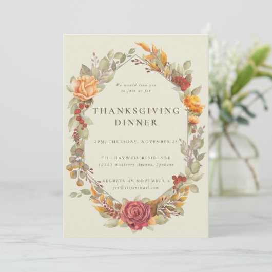 Elegant Autumnal Floral Border Thanksgiving Dinner Kaart (Staand voorkant)