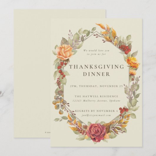 Elegant Autumnal Floral Border Thanksgiving Dinner Kaart (Voorkant / Achterkant)