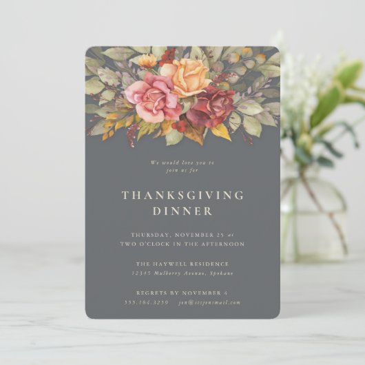 Elegant Autumnal Floral Border Thanksgiving Dinner Kaart (Staand voorkant)