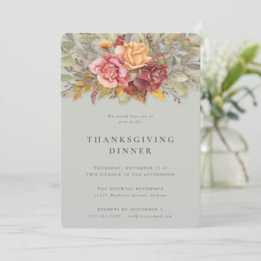 Elegant Autumnal Floral Border Thanksgiving Dinner Kaart (Staand voorkant)