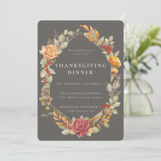 Elegant Autumnal Floral Border Thanksgiving Dinner Kaart (Staand voorkant)