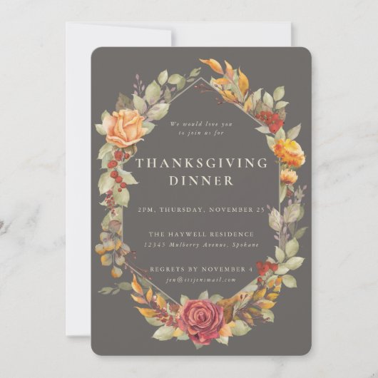 Elegant Autumnal Floral Border Thanksgiving Dinner Kaart (Voorkant)