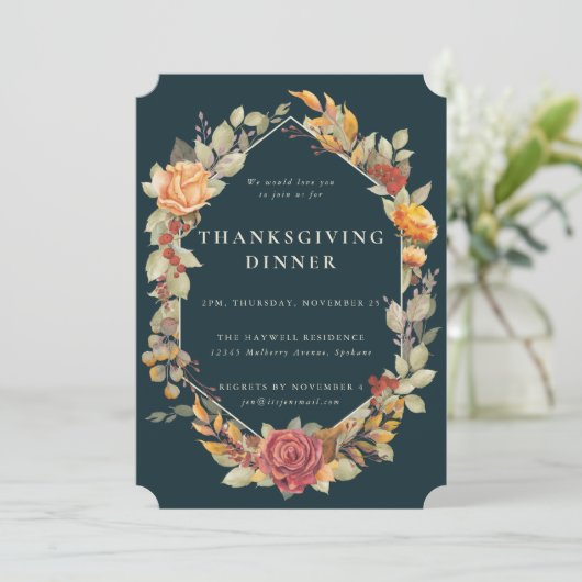 Elegant Autumnal Floral Border Thanksgiving Dinner Kaart (Staand voorkant)