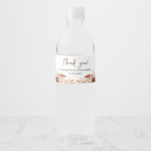 Elegant autumnal floral names and wedding date waterfles etiket (Voorkant)
