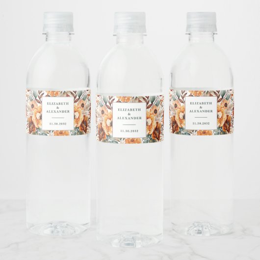 Elegant autumnal floral names and wedding date waterfles etiket (Flessen)