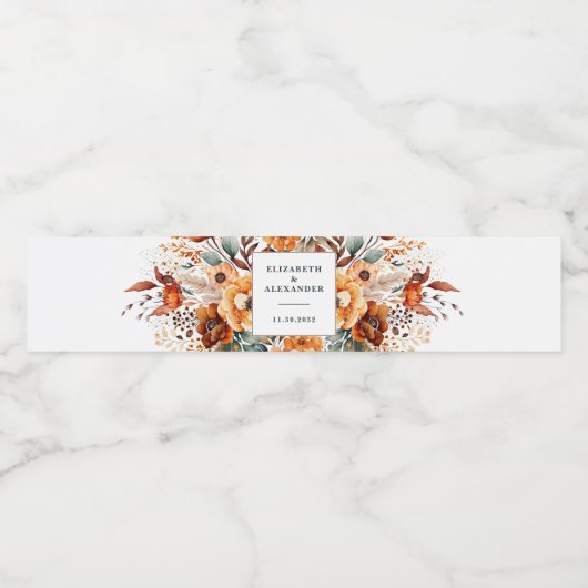 Elegant autumnal floral names and wedding date waterfles etiket (Enkel label)