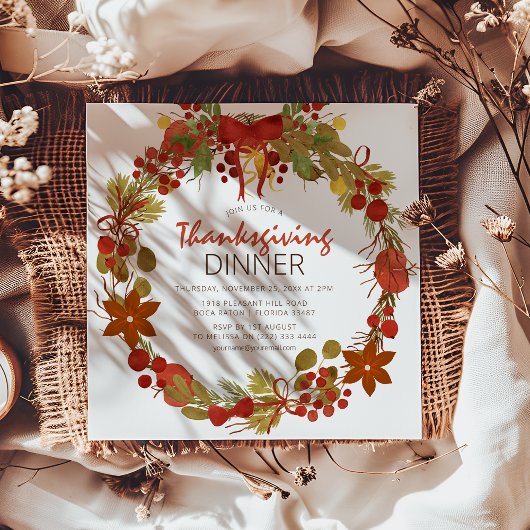 Elegant Autumnal wreatThanksgiving Invitation Kaart