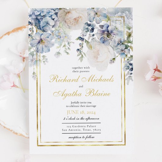 Elegant Azure Blue Floral Bruiloft Kaart