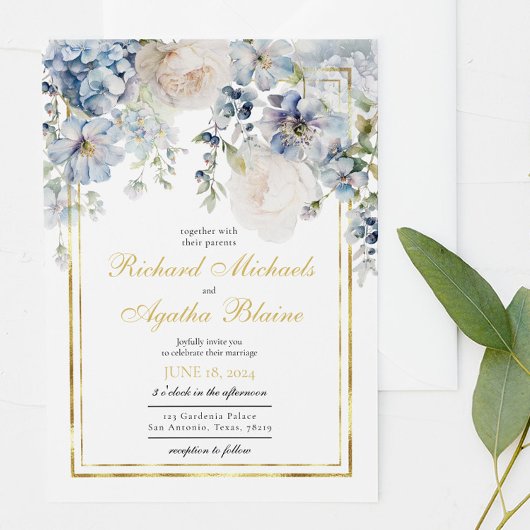 Elegant Azure Blue Floral Bruiloft Kaart