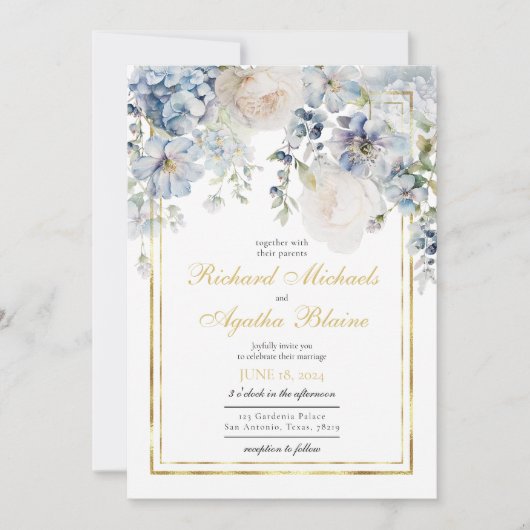 Elegant Azure Blue Floral Bruiloft Kaart (Voorkant)