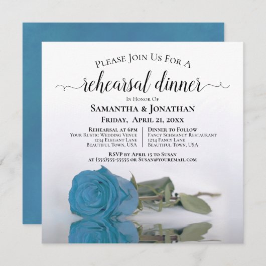 Elegant Azure Blue Roos Wedding Rehearsal Dinner Kaart (Voorkant / Achterkant)