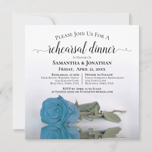 Elegant Azure Blue Roos Wedding Rehearsal Dinner Kaart (Voorkant)