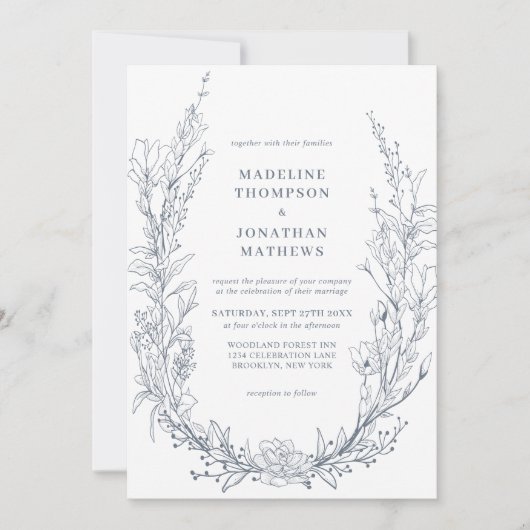 Elegant Azure Ivory Floral Monogram Foto Bruiloft Kaart (Voorkant)