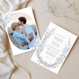 Elegant Azure Ivory Floral Monogram Foto Bruiloft Kaart