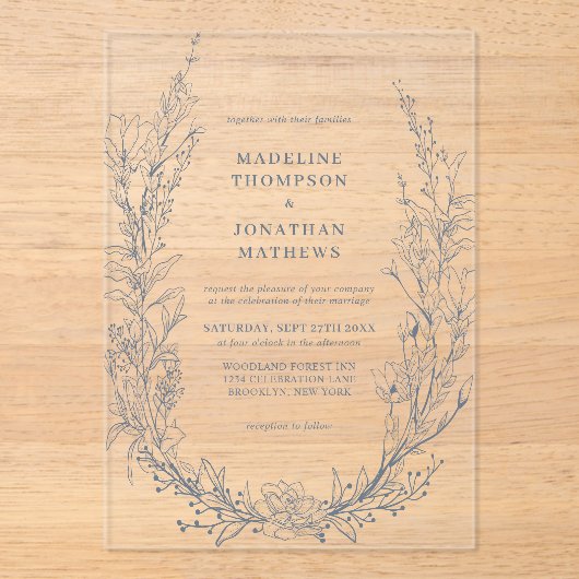 Elegant Azure Ivory Floral Wreath Monogram Bruilof Acryl Uitnodigingen (Voorkant)
