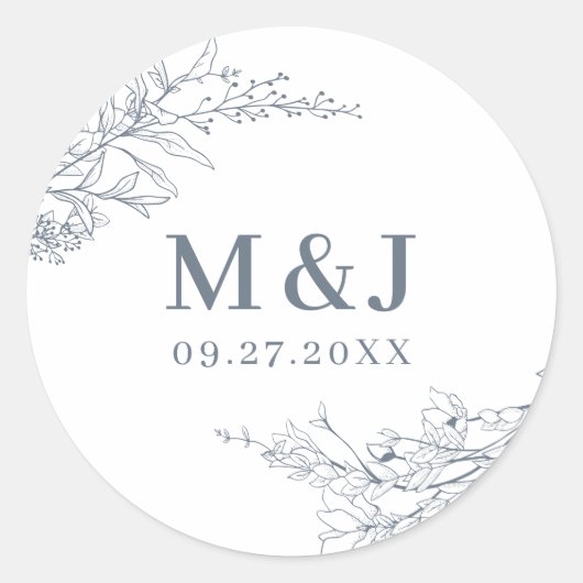 Elegant Azure Ivory Floral Wreath Monogram Bruilof Ronde Sticker (Voorkant)
