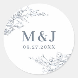 Elegant Azure Ivory Floral Wreath Monogram Bruilof Ronde Sticker