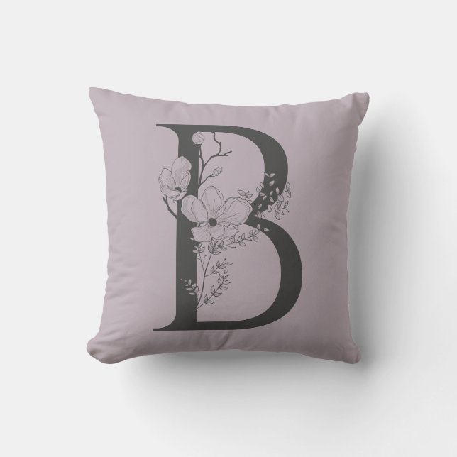 Elegant B Boho Floral Monogram Initiaal Lila grijs Kussen (Voorkant)