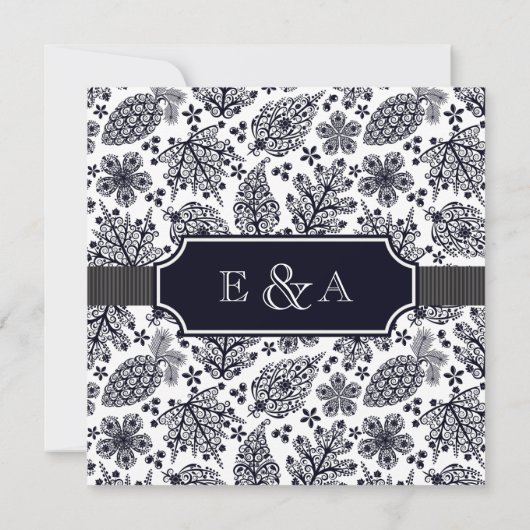 Elegant B & W Lacy Leaves Wedding Uitnodiging (Achterkant)