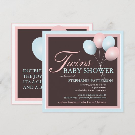 Elegant Baby Balloon Twins Baby shower Invitation Kaart (Voorkant / Achterkant)