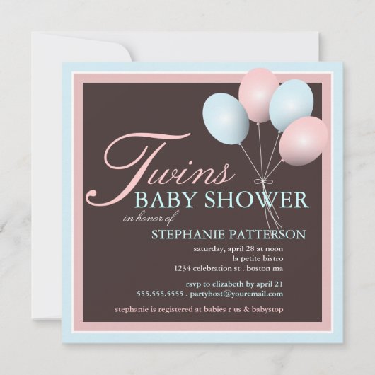 Elegant Baby Balloon Twins Baby shower Invitation Kaart (Voorkant)
