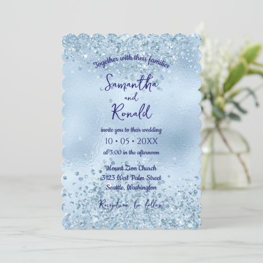 Elegant Baby Blauw Glitter en Folie Bruiloft Kaart (Staand voorkant)