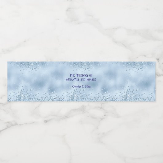 Elegant Baby Blauw Glitter en Folie Bruiloft Waterfles Etiket (Enkel label)