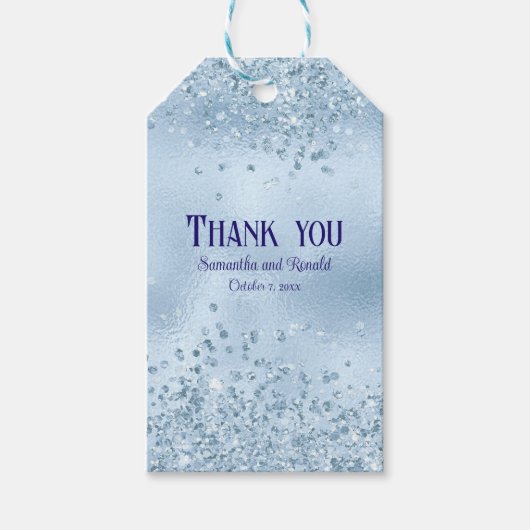 Elegant Baby Blauw Glitter & Folie Bruiloft Dank u Cadeaulabel (Voorkant)