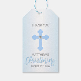 Elegant Baby Blauw Kruis DANK U doopjongen Cadeaulabel