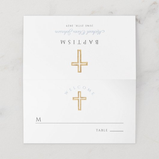 Elegant Baby Blauw Script Religieuze Jongen Doop Plaatskaartje (Buitenkant ongevouwen)