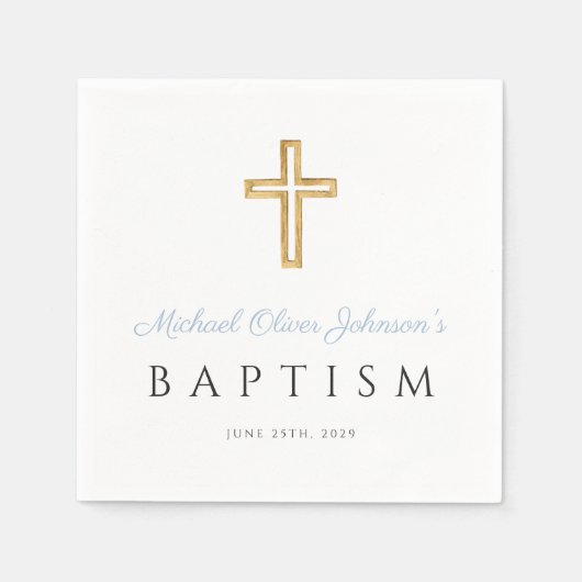 Elegant Baby Blauw Script Religieuze Jongen Doop Servet (Voorkant)