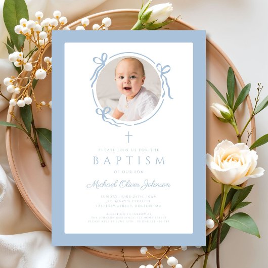 Elegant Baby Blue Bow Boy Photo Baptism Kaart