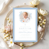 Elegant Baby Blue Bow Boy Photo Baptism Kaart