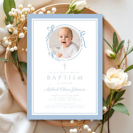 Elegant Baby Blue Bow Boy Photo Baptism Kaart
