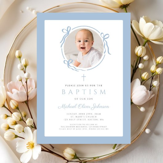 Elegant Baby Blue Bow Photo Baptism Kaart