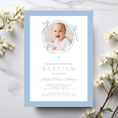 Elegant Baby Blue Bow Photo Baptism Kaart