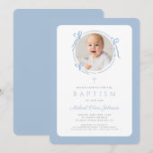 Elegant Baby Blue Bow Photo Boy Baptism Kaart (Voorkant / Achterkant)