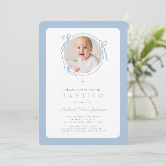 Elegant Baby Blue Bow Photo Boy Baptism Kaart (Staand voorkant)