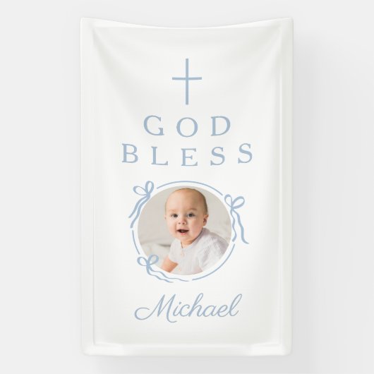 Elegant Baby Blue Boy God Bless Photo Spandoek (Verticaal)