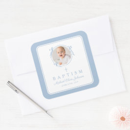 Elegant Baby Blue Boy Photo Baptism Vierkante Sticker
