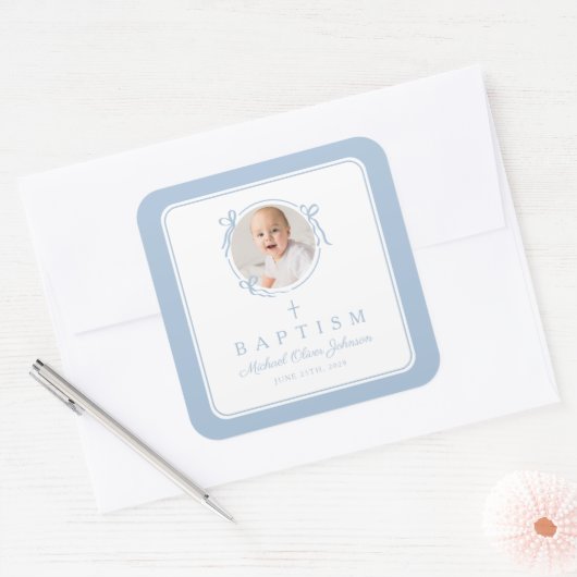 Elegant Baby Blue Boy Photo Baptism Vierkante Sticker (Envelop)