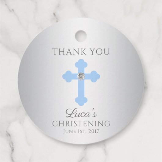 Elegant Baby Blue Cross Baptism/Christening Boy Bedankjes Labels (Achterkant)