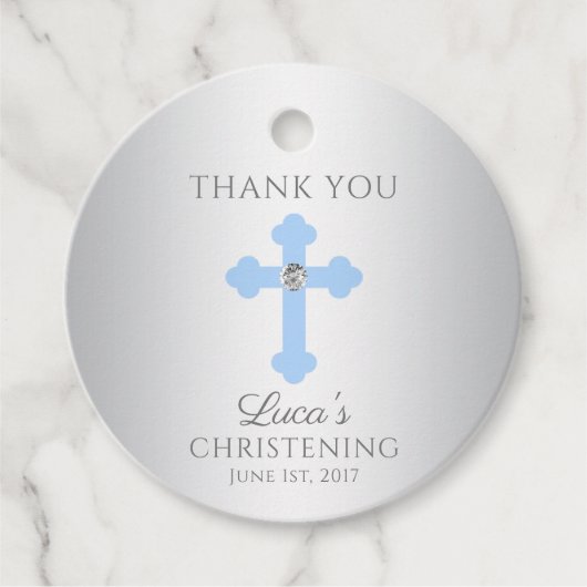 Elegant Baby Blue Cross Baptism/Christening Boy Bedankjes Labels (Voorkant)