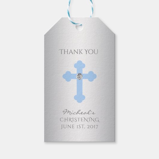 Elegant Baby Blue Cross Baptism/Christening Boy Cadeaulabel (Voorkant)