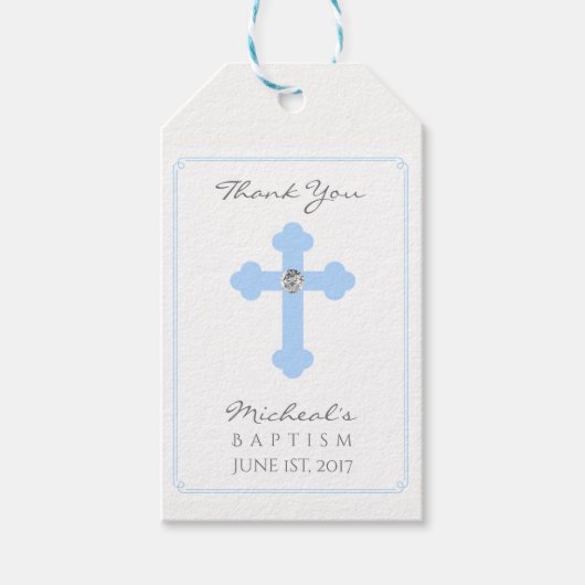 Elegant Baby Blue Cross Baptism/Christening Boy Cadeaulabel (Voorkant)